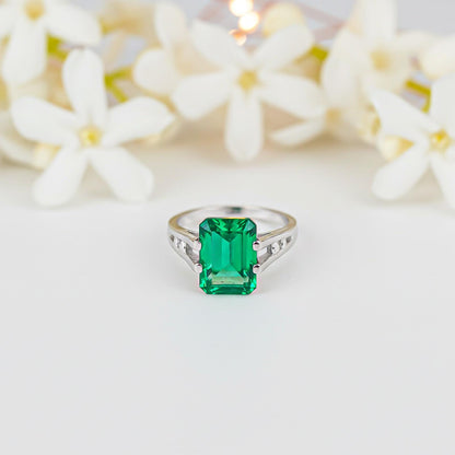 Silver Green Emerald Solitaire Silver Ring