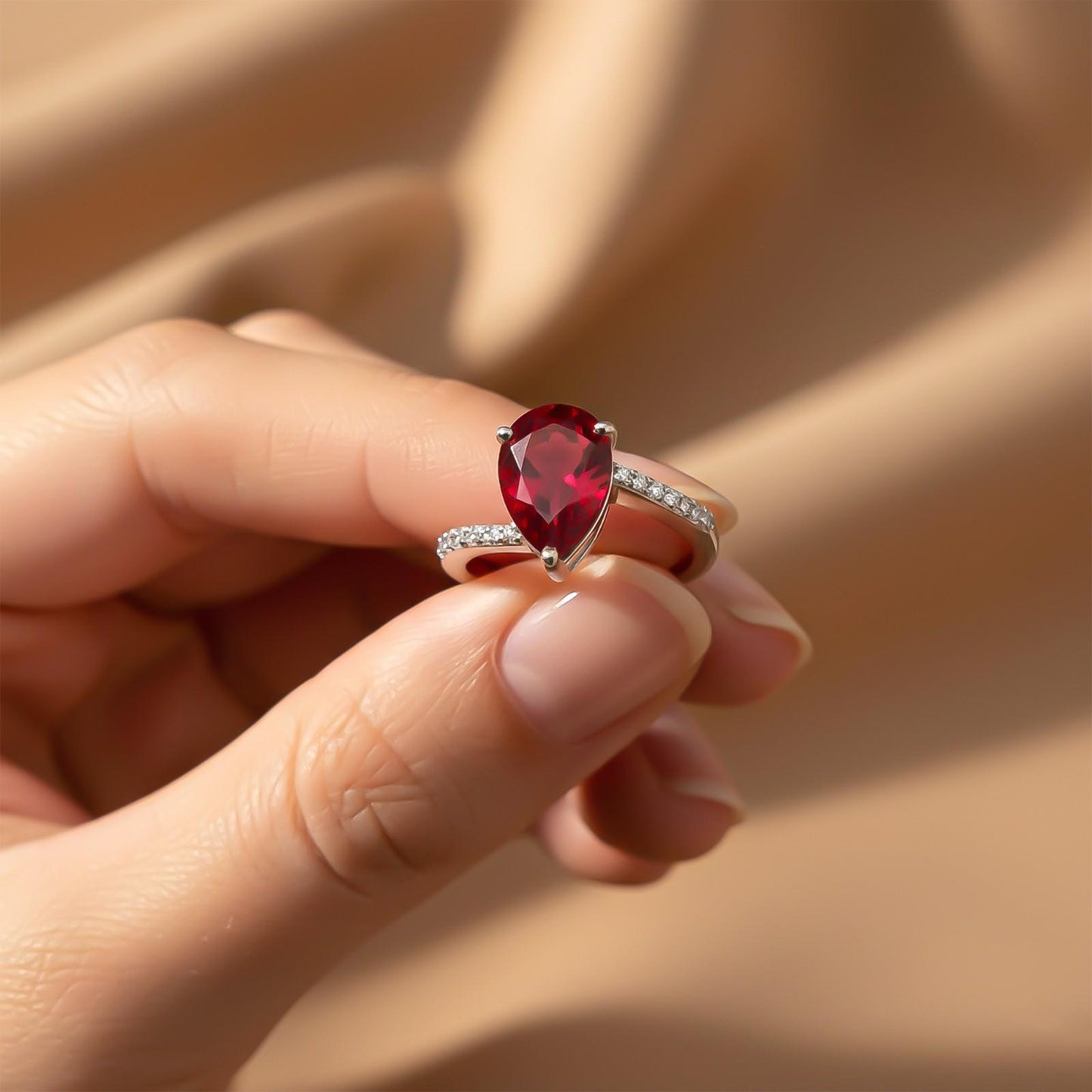 Silver Solitaire Red Ruby Ring For Women