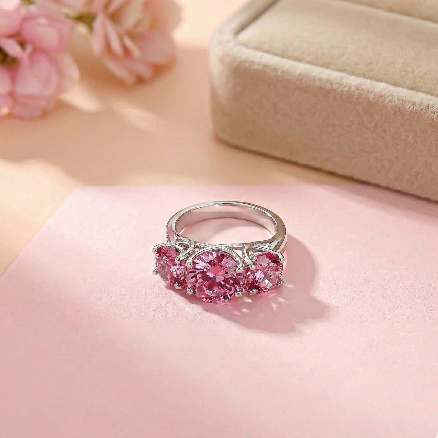Silver Three Stone Pink Sapphire Ring