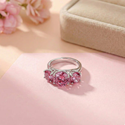 Silver Three Stone Pink Sapphire Ring