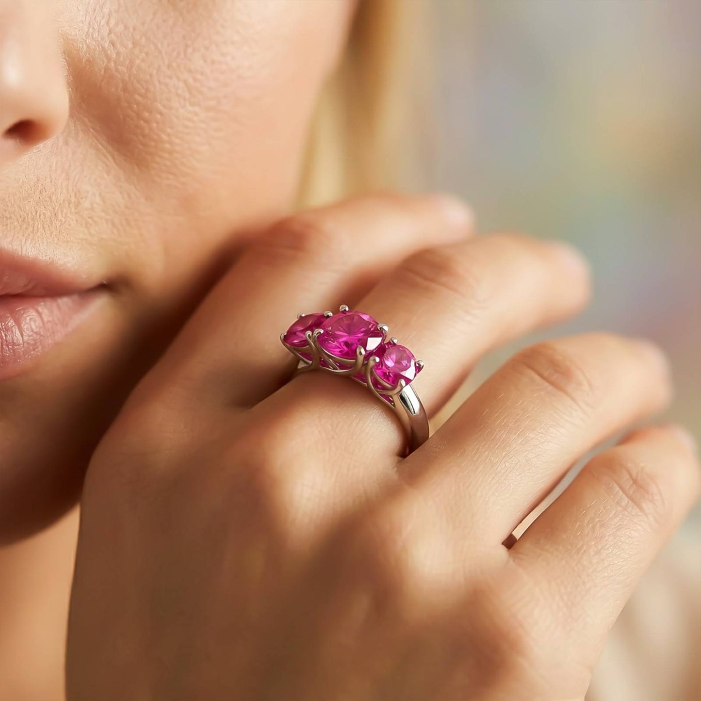 Silver Three Stone Pink Sapphire Ring