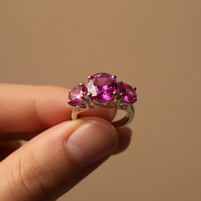 Silver Three Stone Pink Sapphire Ring