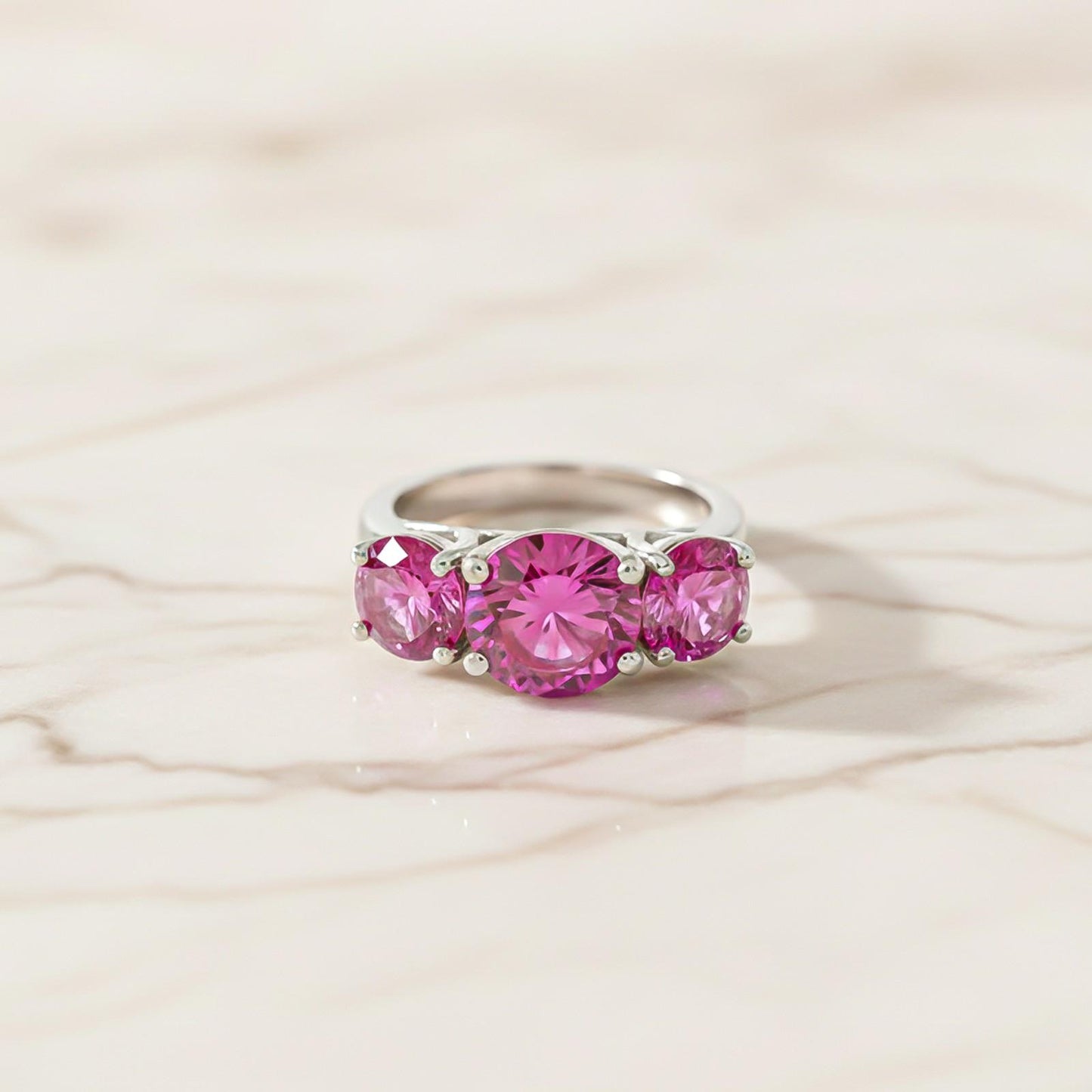 Silver Three Stone Pink Sapphire Ring