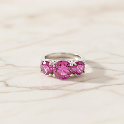Silver Three Stone Pink Sapphire Ring
