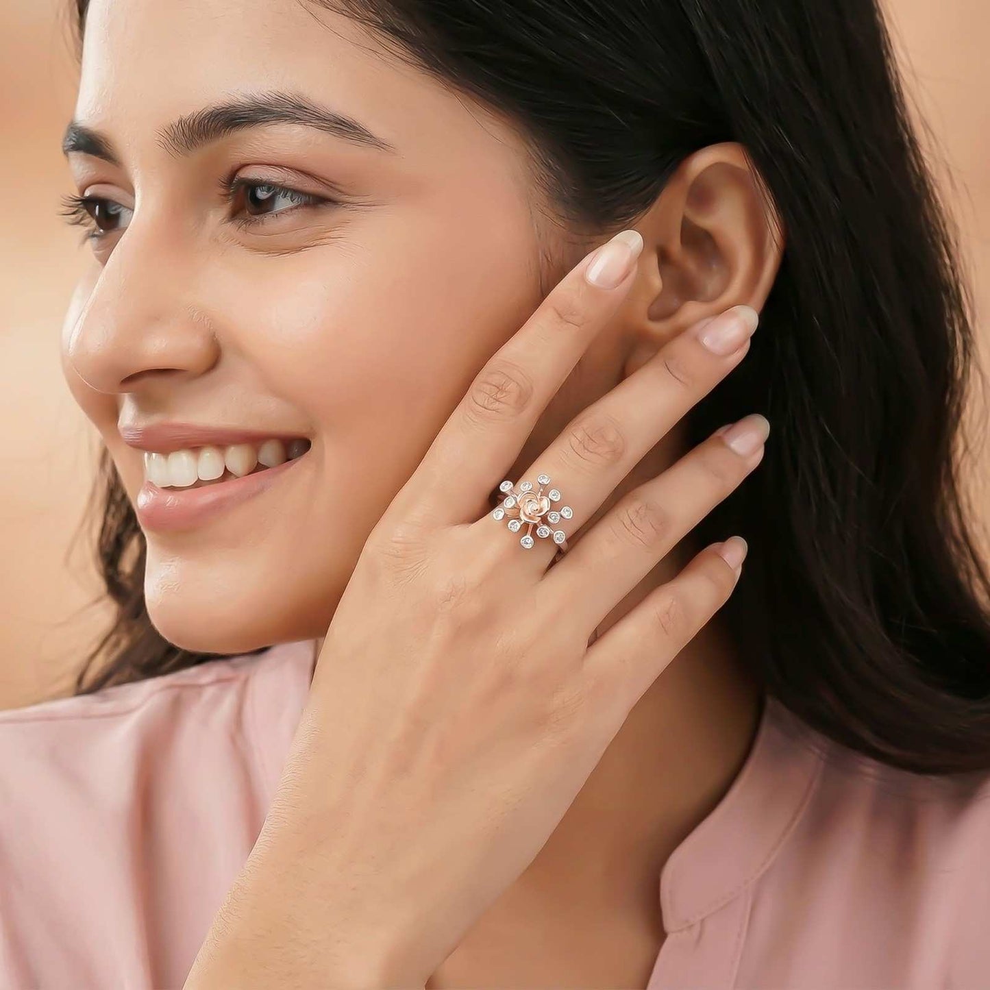Rose Gold Rose Design Two Tone Ring