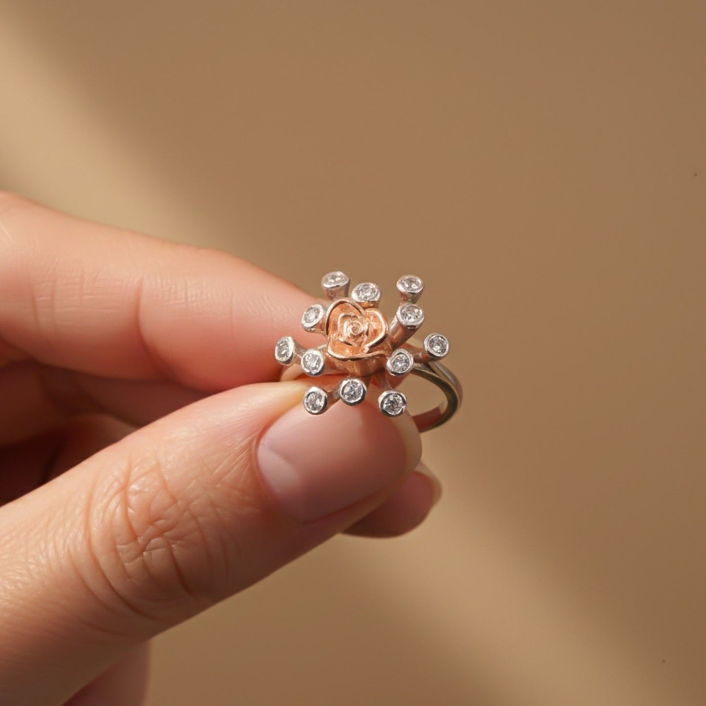 Rose Gold Rose Design Two Tone Ring