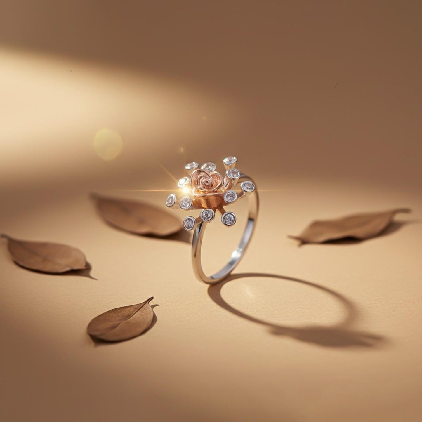 Rose Gold Rose Design Two Tone Ring