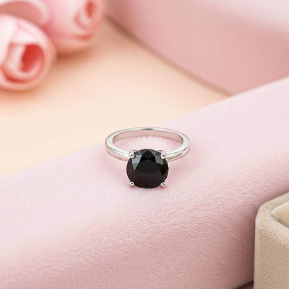 Silver Round Black Diamond Solitaire Ring