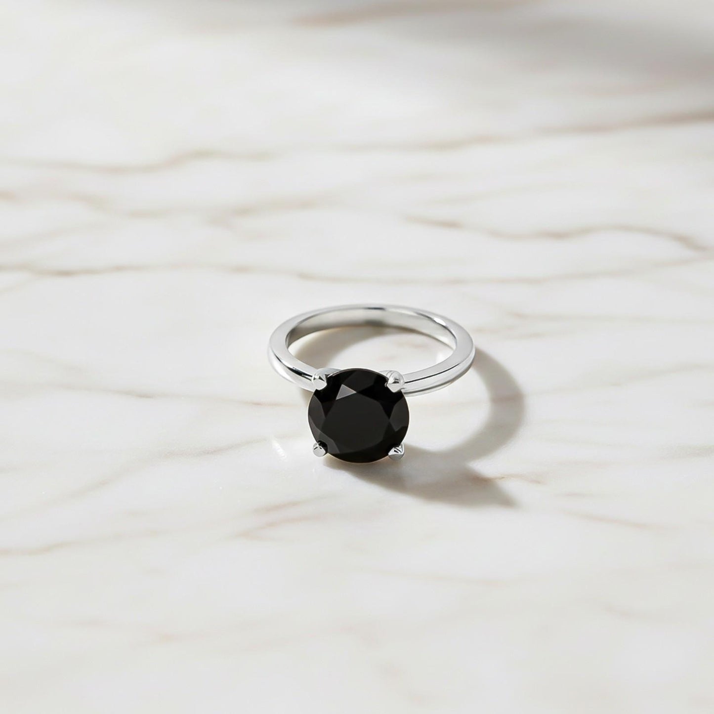 Silver Round Black Diamond Solitaire Ring