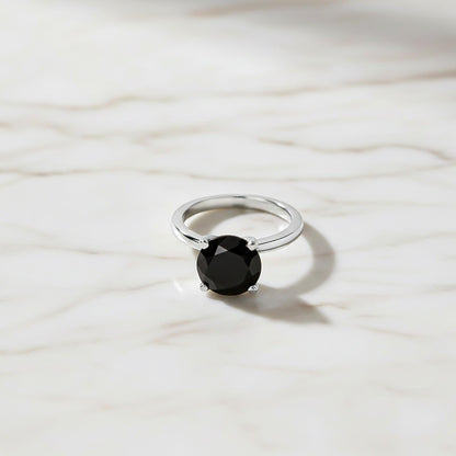 Silver Round Black Diamond Solitaire Ring