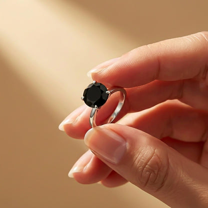 Silver Round Black Diamond Solitaire Ring