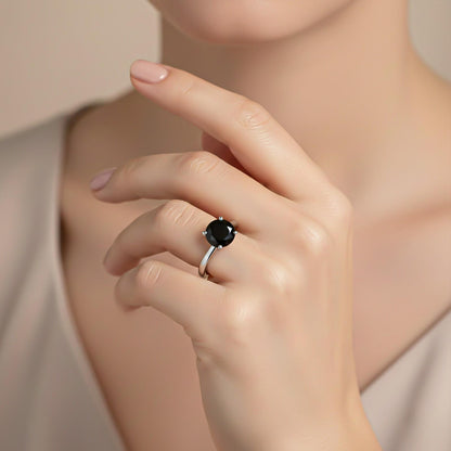 Silver Solitaire Black Diamond Ring