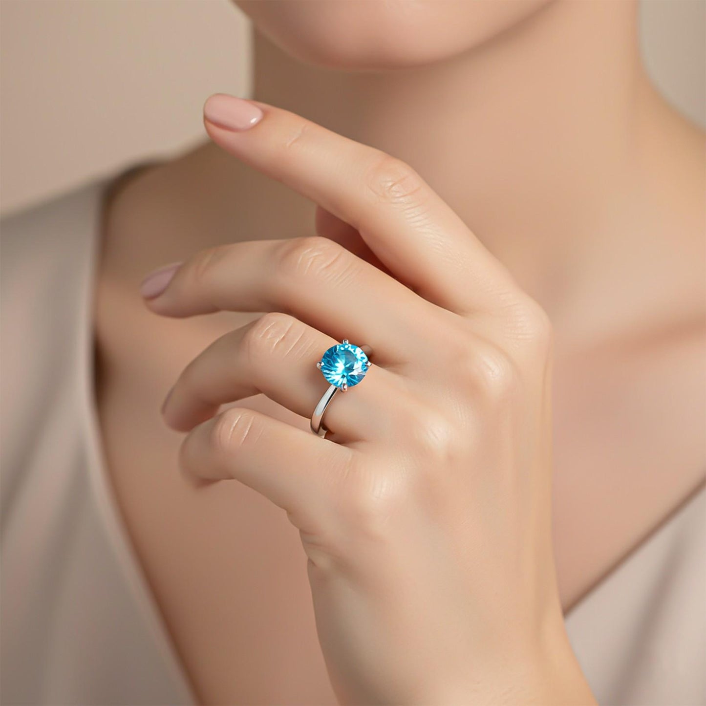 Silver Blue Topaz Diamond Solitaire Ring