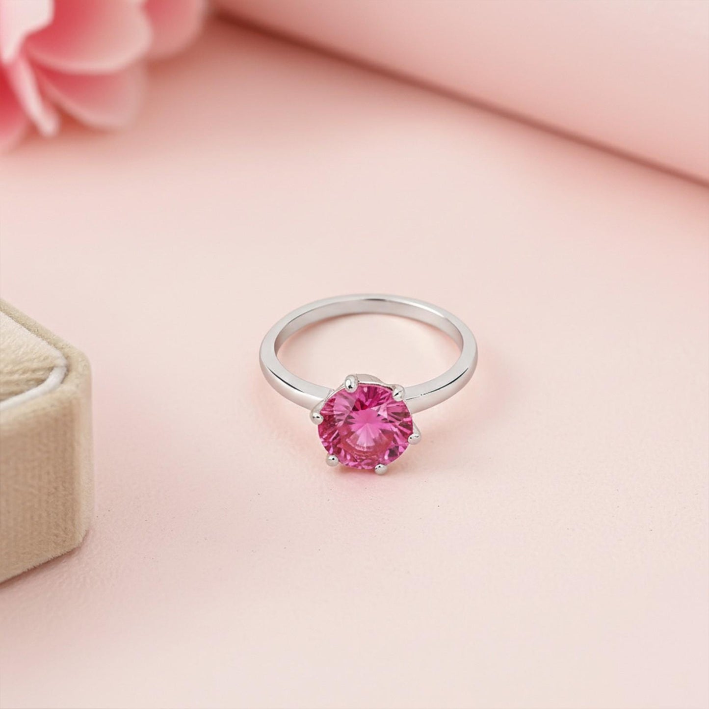 Silver Solitaire Pink Ruby Ring