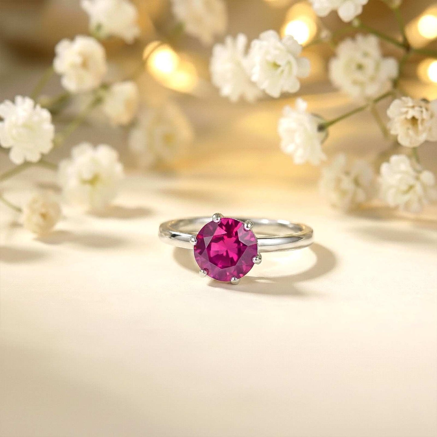 Silver Solitaire Pink Ruby Ring