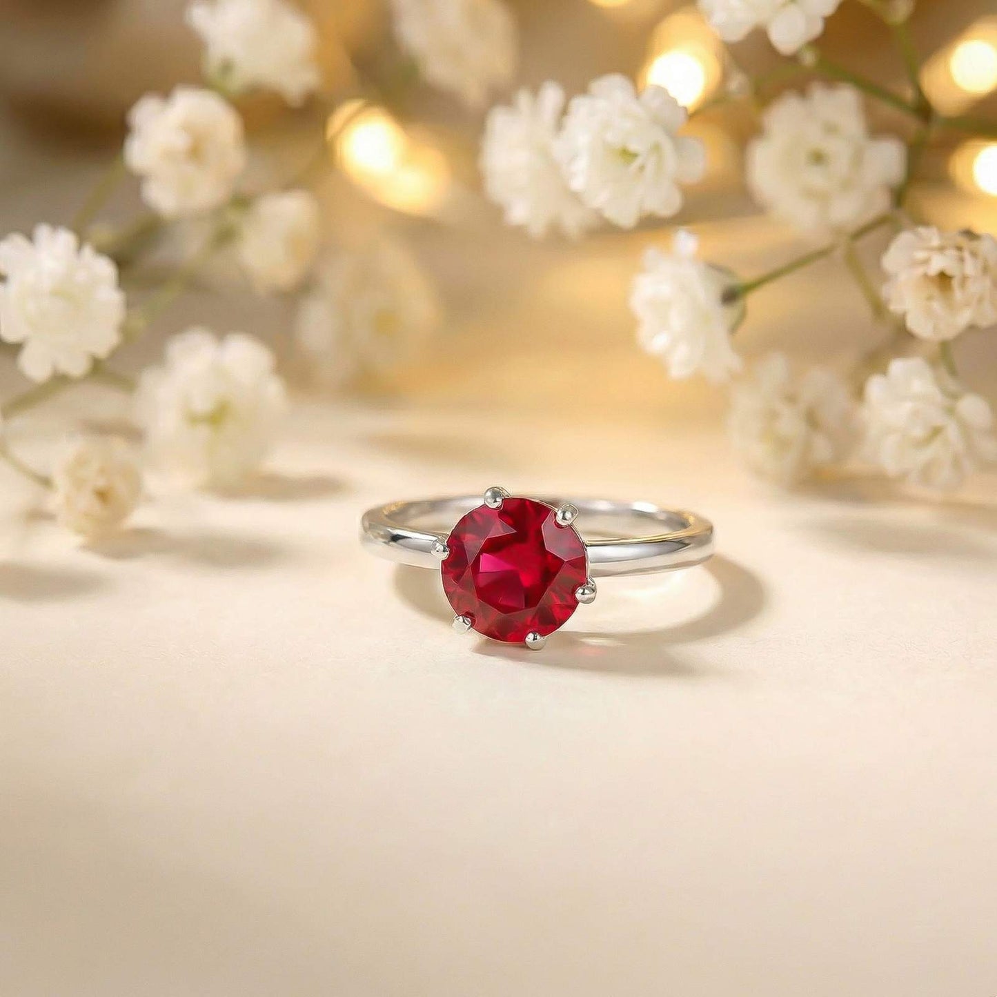 Silver Solitaire Red Ruby Ring