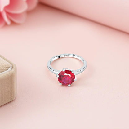 Silver Solitaire Red Ruby Ring