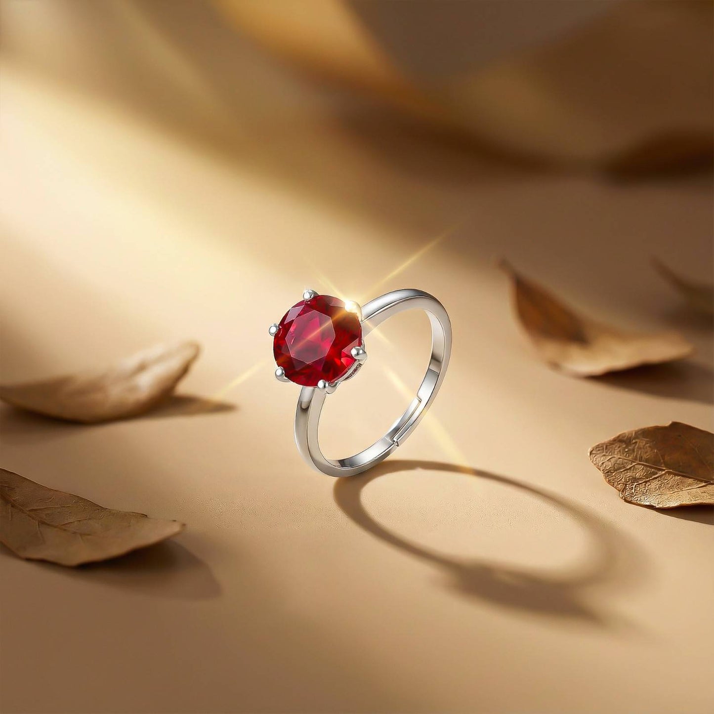 Silver Solitaire Red Ruby Ring