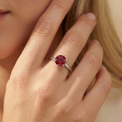 Silver Solitaire Red Ruby Ring