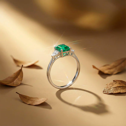 Silver Green Emerald Three Stone Ring