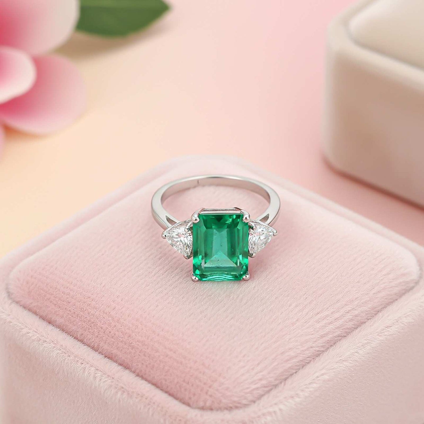 Silver Green Emerald Three Stone Ring