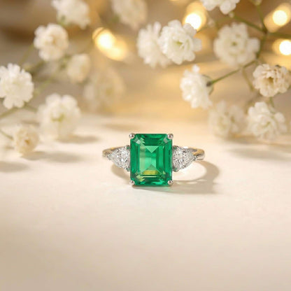 Silver Green Emerald Three Stone Ring