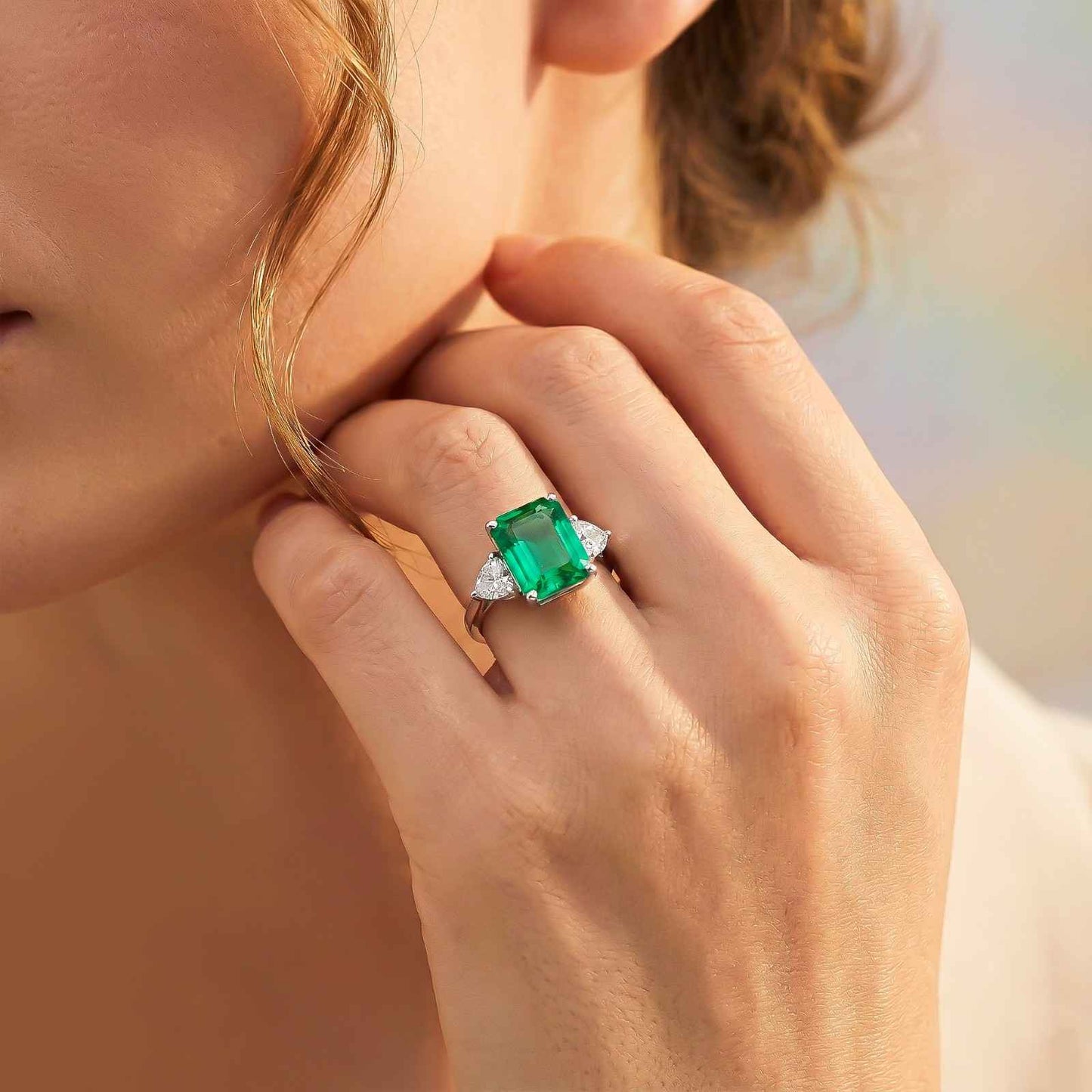 Silver Green Emerald Three Stone Ring