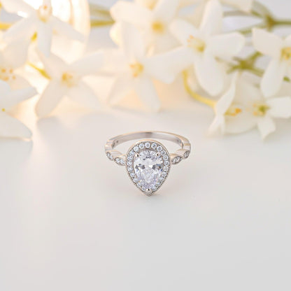 Silver Halo Pear Zircon Ring