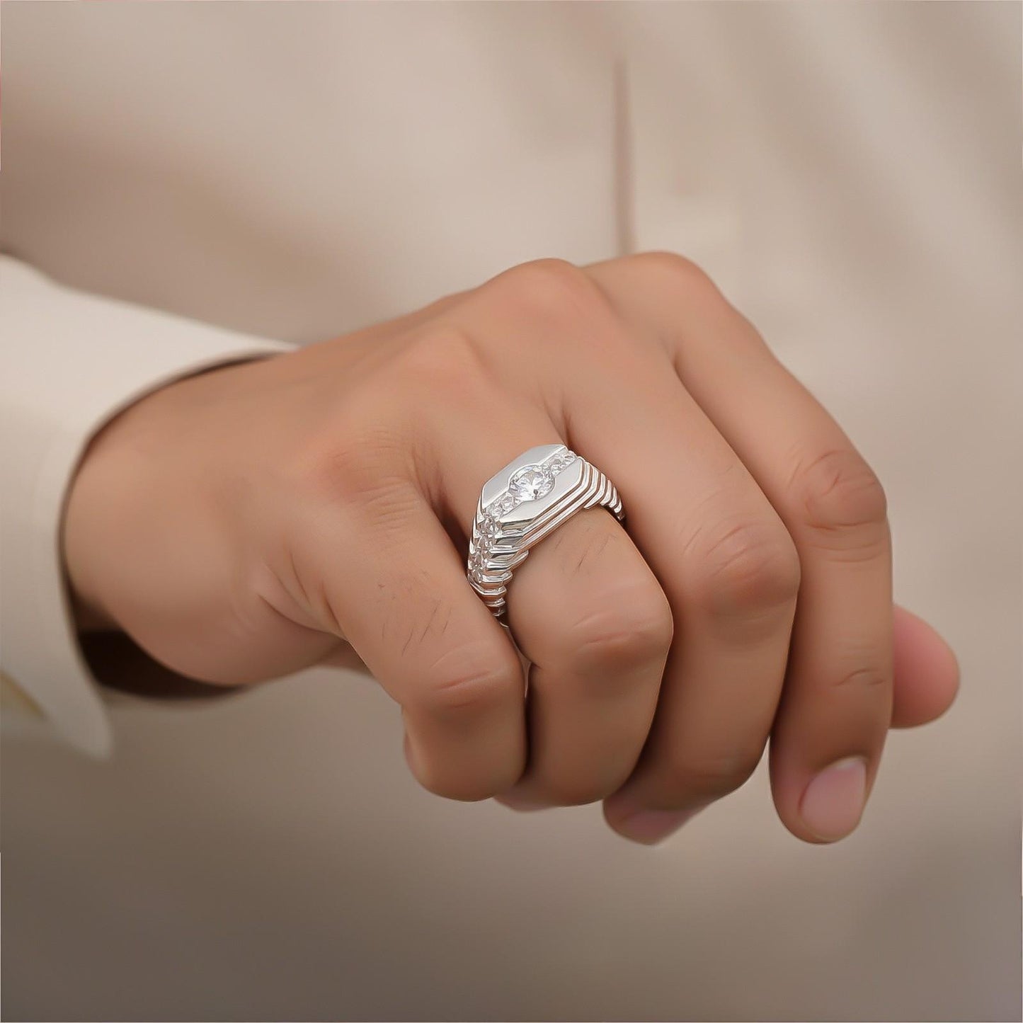 Silver CZ Chest Men's Band Ring