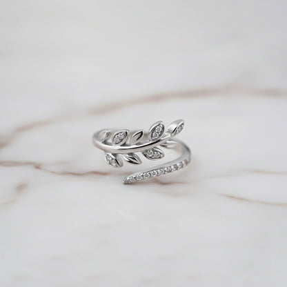 Silver Zircon Leaf Ring