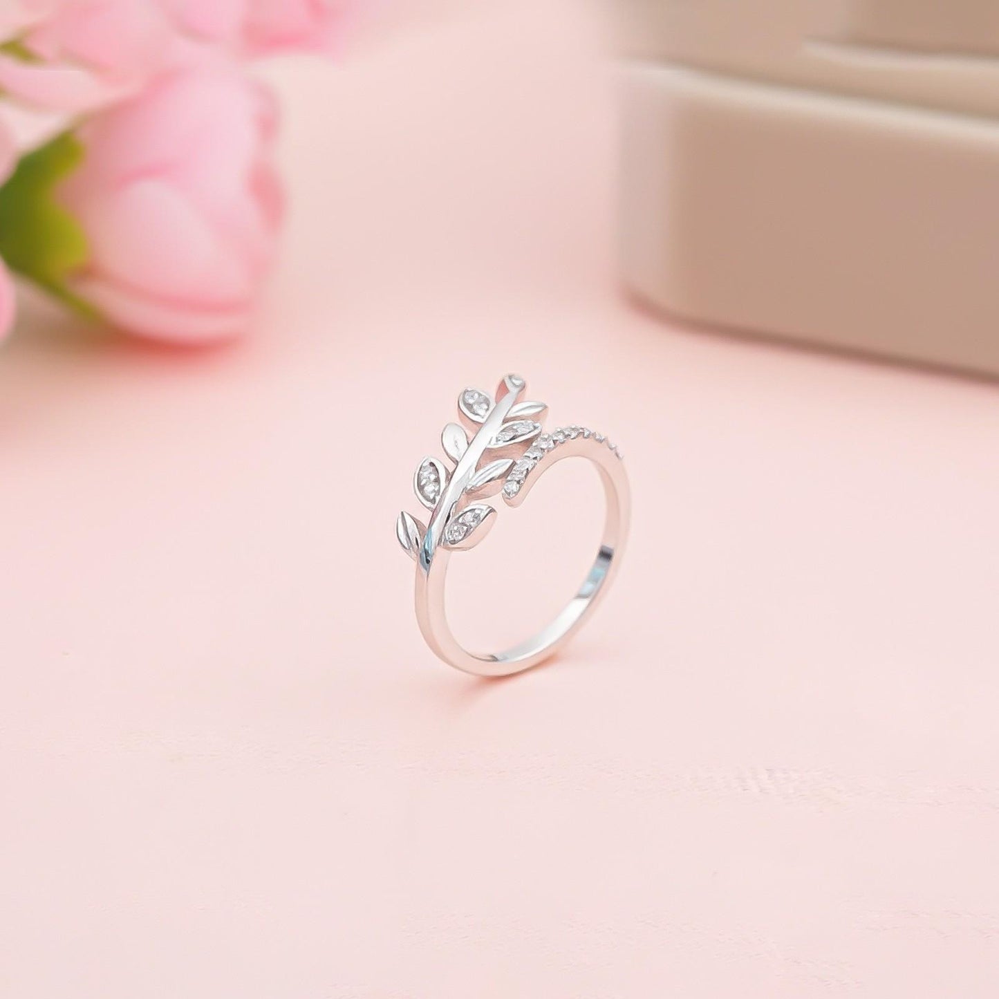 Silver Zircon Leaf Ring