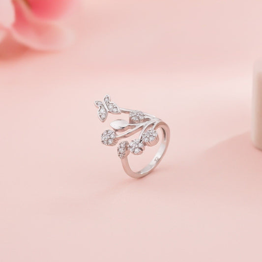 Silver Butterfly Flower Ring