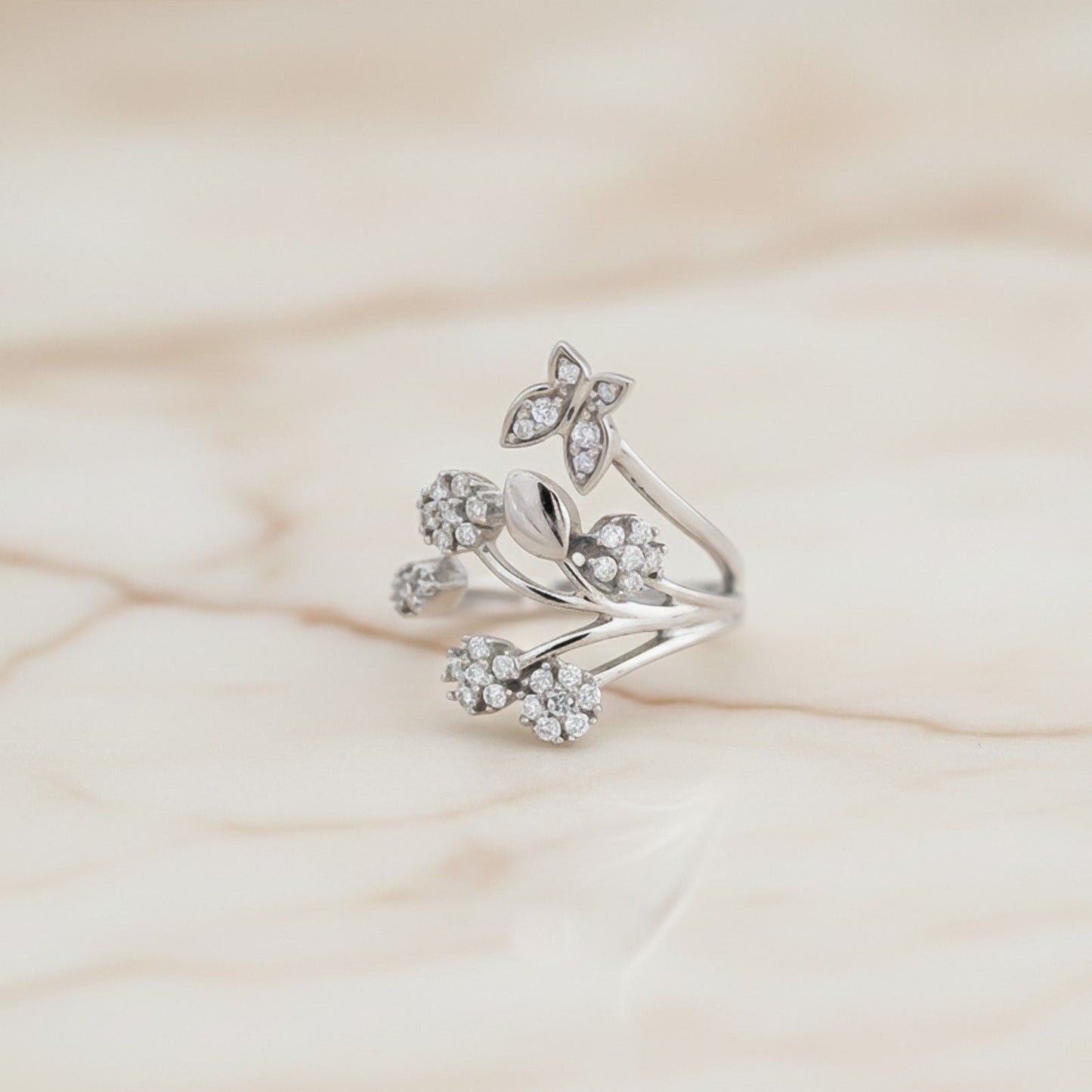 Silver Butterfly Flower Ring
