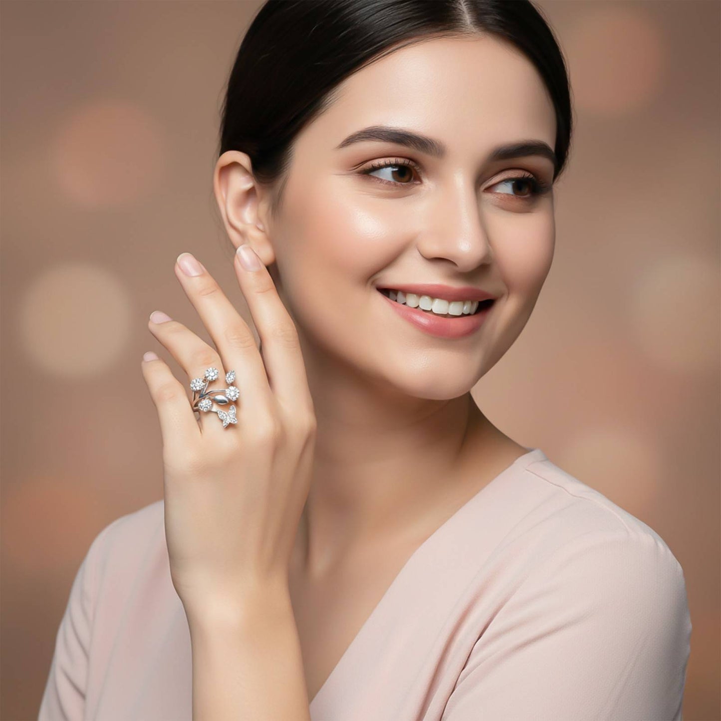Silver Butterfly Flower Ring