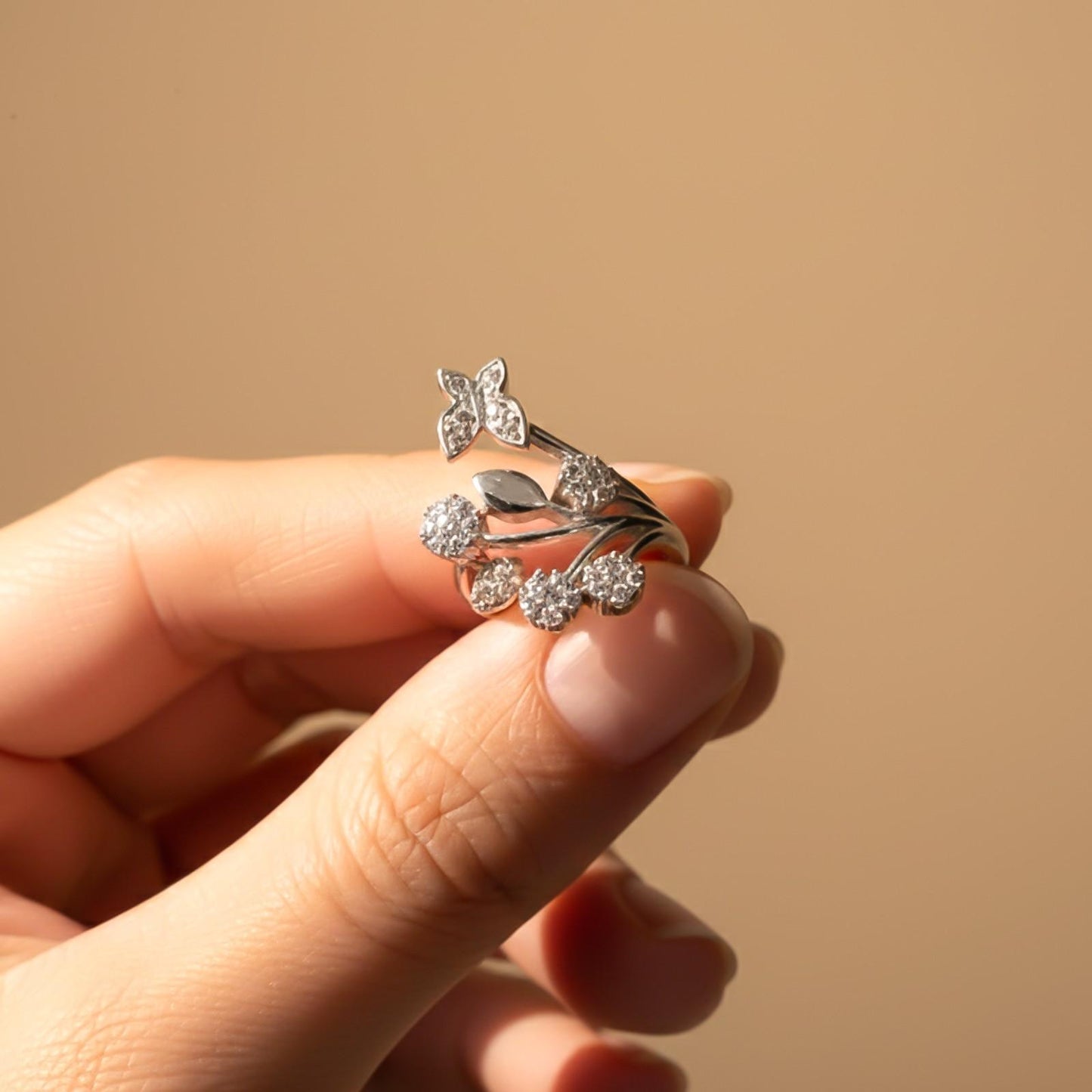 Silver Butterfly Flower Ring