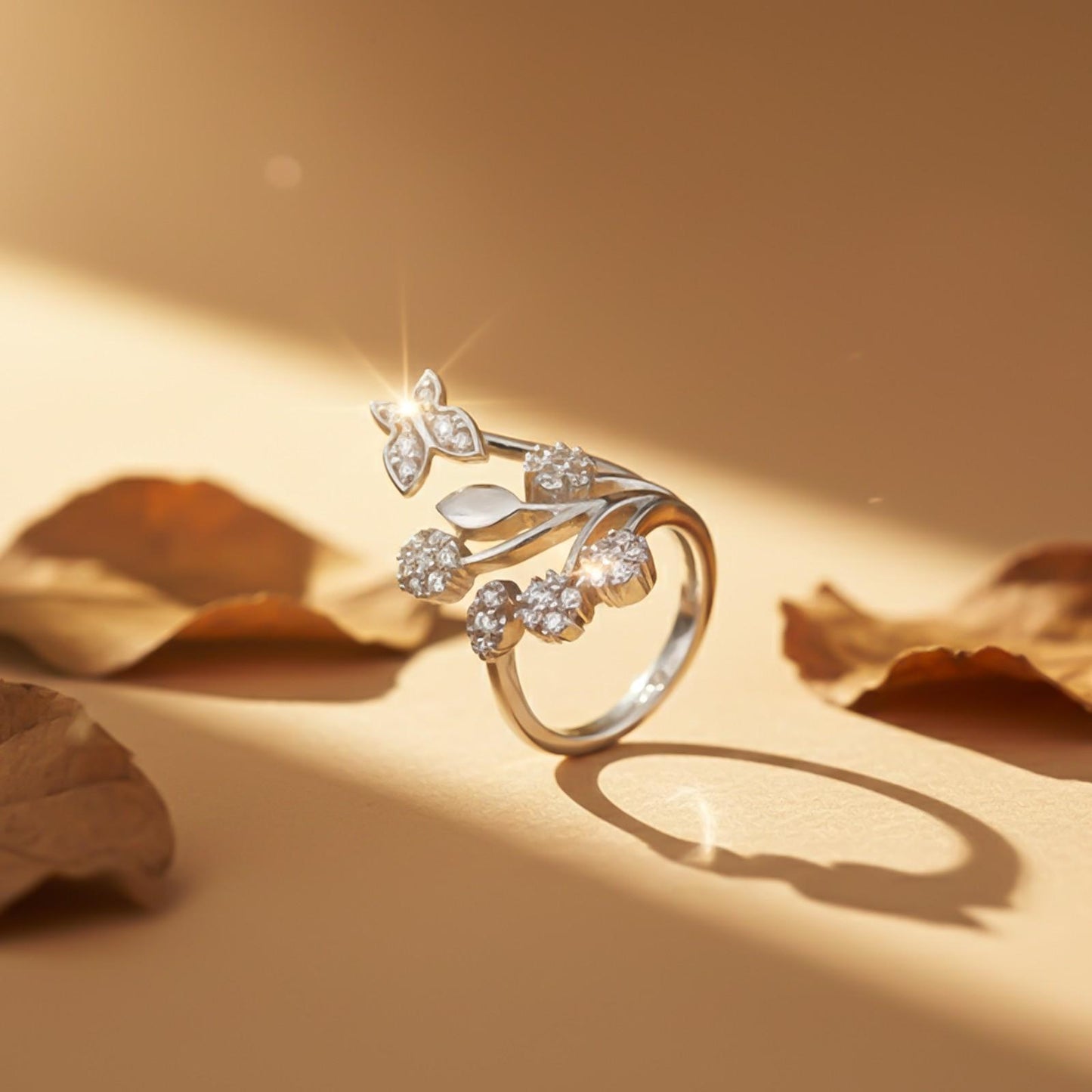 Silver Butterfly Flower Ring