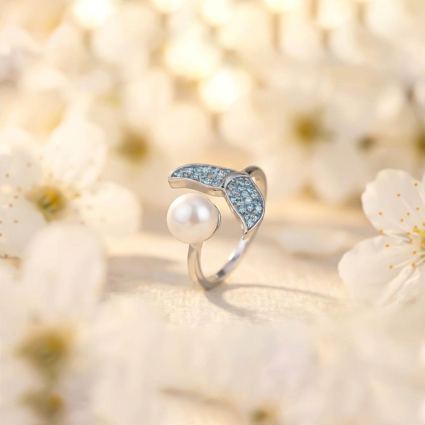 Silver Blue Dolphin Pearl Ring