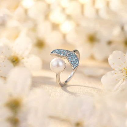 Silver Blue Dolphin Pearl Ring