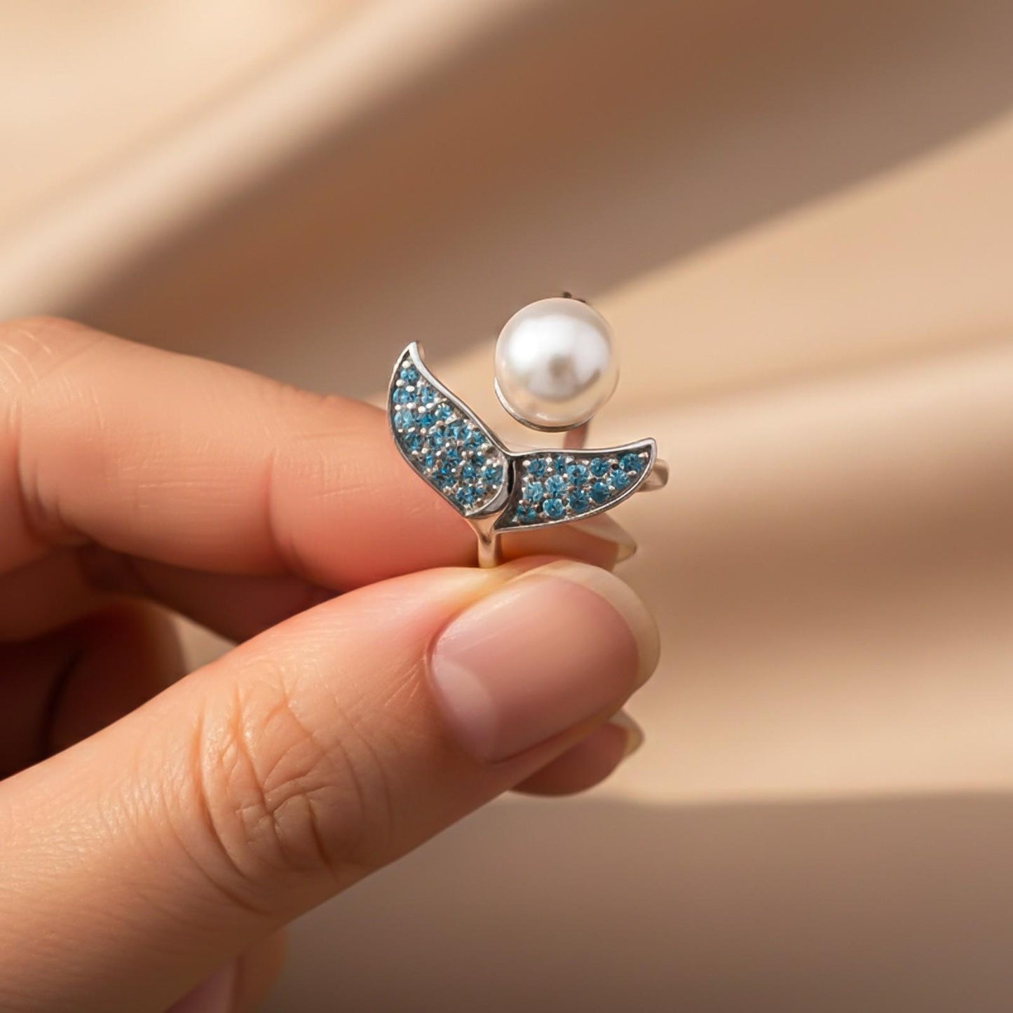 Silver Blue Dolphin Pearl Ring