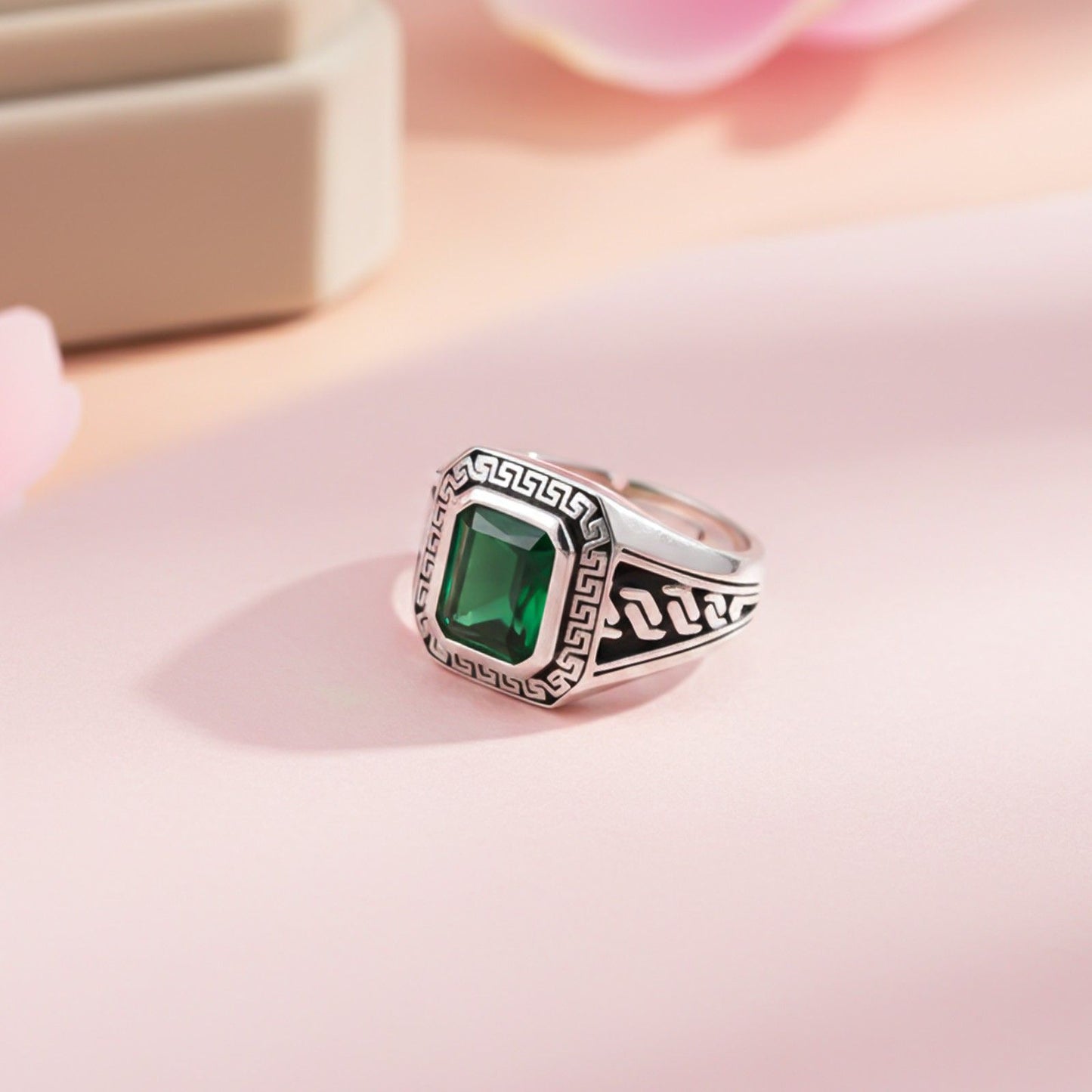 Silver Emerald Signet Greek Ring For Him