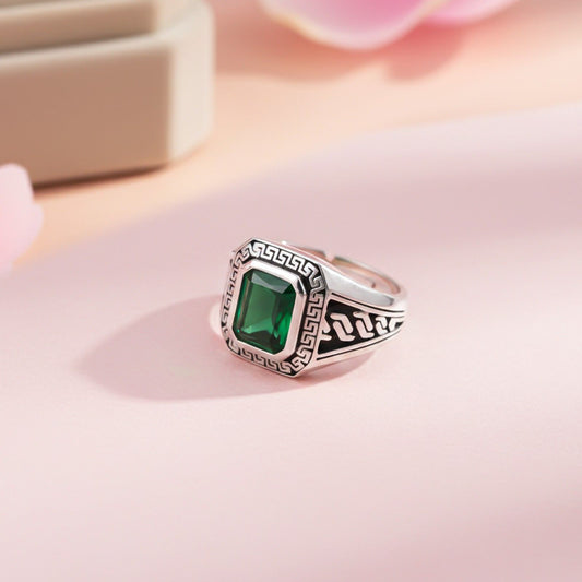 Silver Emerald Signet Greek Ring For Him