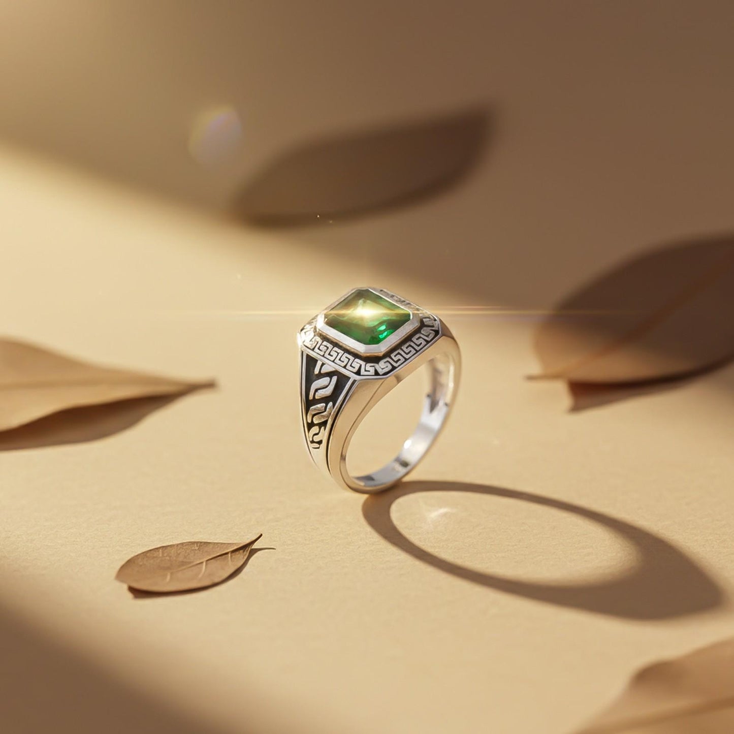 Silver Emerald Signet Greek Ring For Him