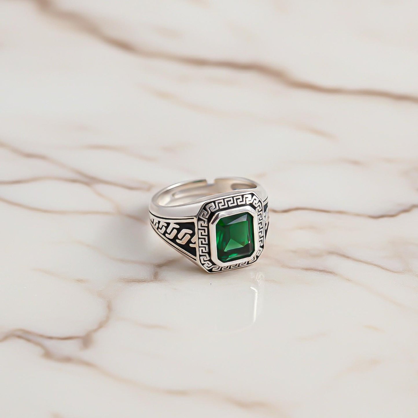 Silver Emerald Signet Greek Ring For Him