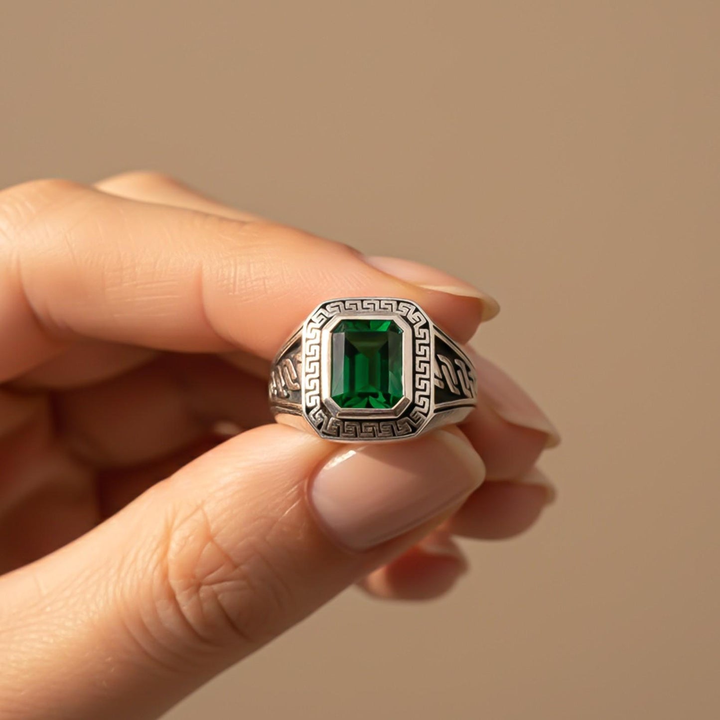 Silver Emerald Signet Greek Ring For Him