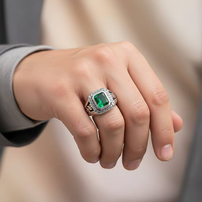 Silver Emerald Signet Greek Ring For Him