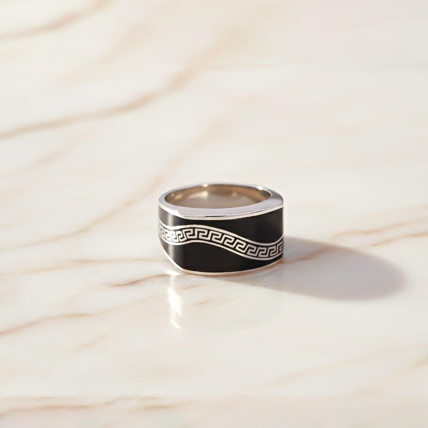 Silver Enamel Greek Key Pattern Ring