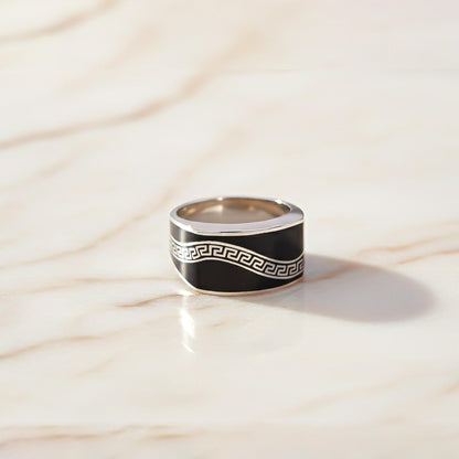 Silver Enamel Greek Key Pattern Ring