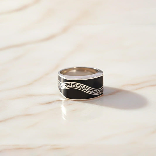 Silver Enamel Greek Key Pattern Ring