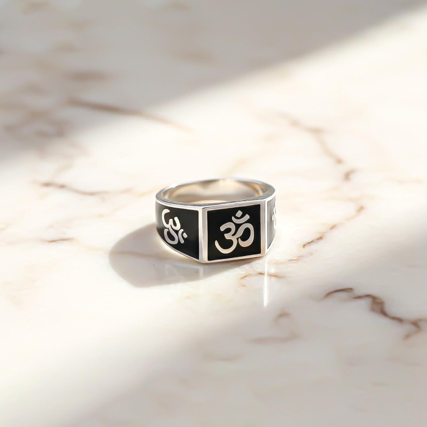 Silver Om Spiritual Black Enamel Ring
