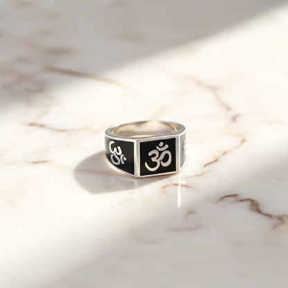 Silver Om Spiritual Black Enamel Ring